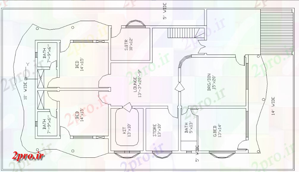 دانلود نقشه آپارتمان یک طبقه طرحی طبقه از یک طبقه خانه 3bhk، 13 در 20 متر (کد158242)