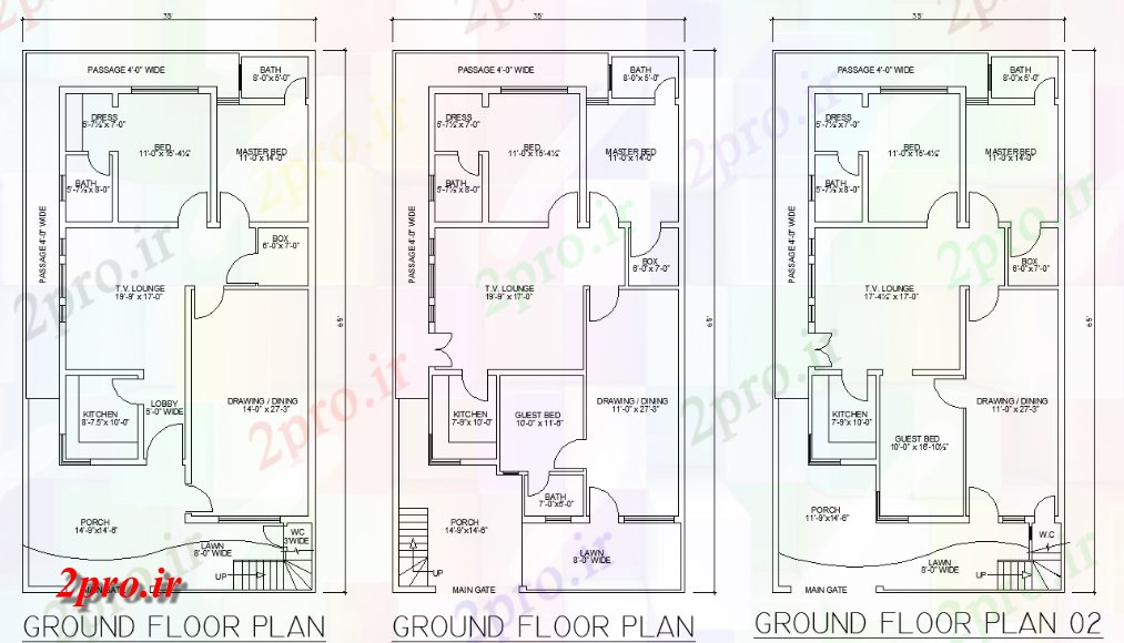 دانلود نقشه آپارتمان یک طبقه X65، سه نوع مختلف از 3 اتاق خواب تنها دان طبقه همکف طرحی خانه 10 در 19 متر (کد158249)