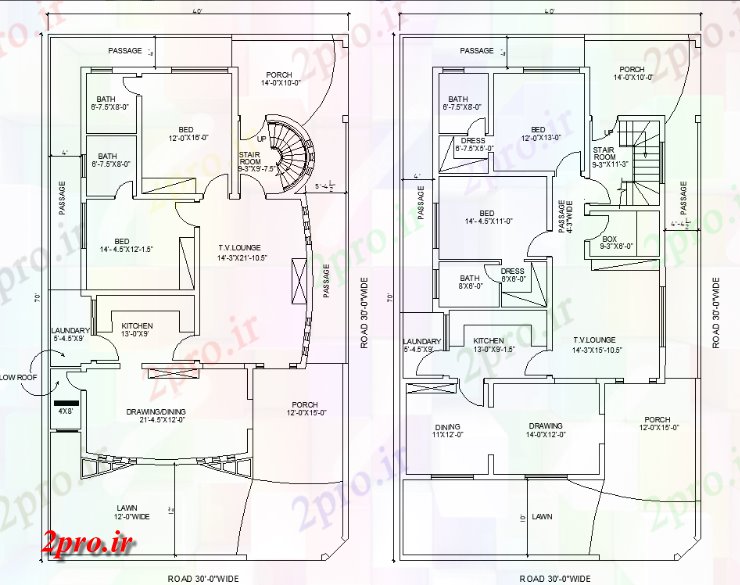 دانلود نقشه آپارتمان یک طبقه X70، دو نوع از 2 اتاق خواب تنها دان زمین طرحی خانه طبقه برای در دسترس 12 در 21 متر (کد158250)
