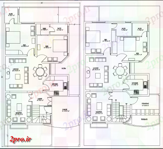 دانلود نقشه مسکونی ، ویلایی ، آپارتمان G + 1 دو خوابه طرحی خانه 35'X64 10 در 15 متر (کد158251)