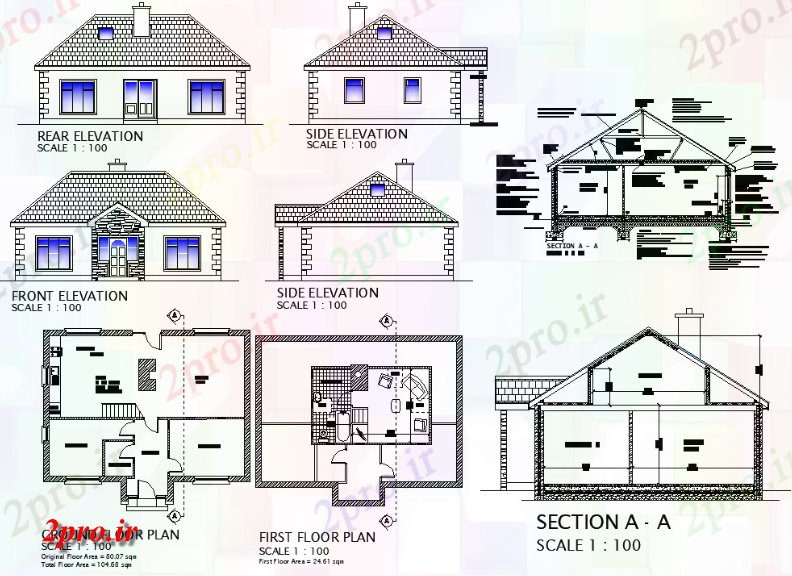 دانلود نقشه مسکونی ، ویلایی ، آپارتمان G + 1 2bhk طرحی خانه طرحی کوچک 36'X26 با جلو، عقب، به طرف و section 8 در 11 متر (کد158258)