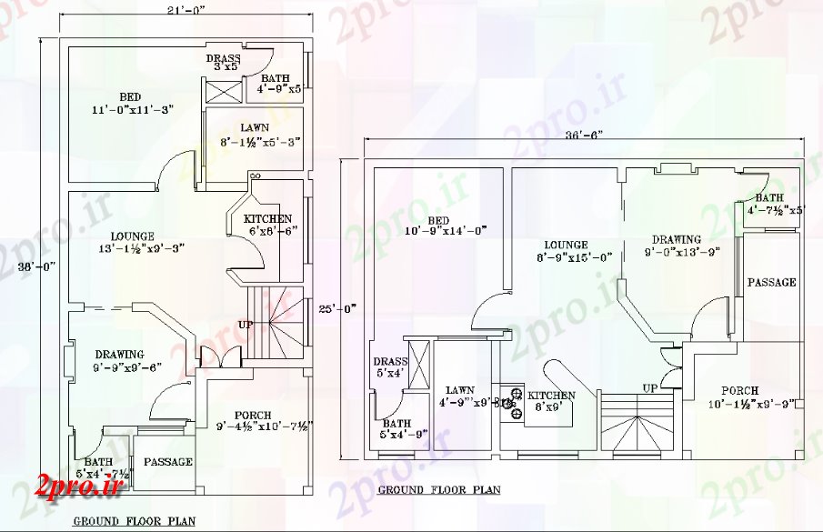 دانلود نقشه مسکونی ، ویلایی ، آپارتمان طبقه همکف پلان واحد طبقه خانه از اندازه 21'X38 و 36'6 X25' 7 در 10 متر (کد158264)