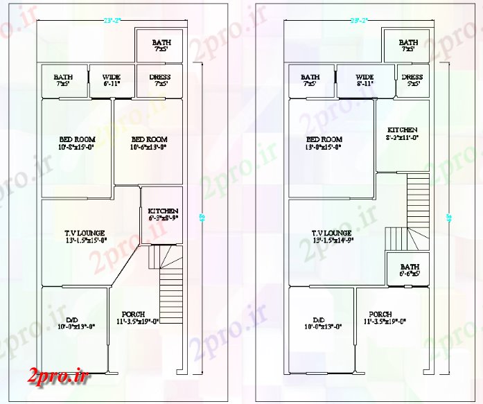 دانلود نقشه مسکونی ، ویلایی ، آپارتمان نوع مختلف 23'X48 از 2 اتاق خواب تنها دان زمین طرحی خانه طبقه اتوکد آن 6 در 15 متر (کد158295)