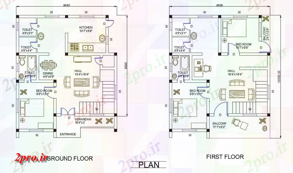 دانلود نقشه مسکونی ، ویلایی ، آپارتمان طرحی BHK خانه با 2 طبقه طراحی مبلمان 8 در 10 متر (کد158333)