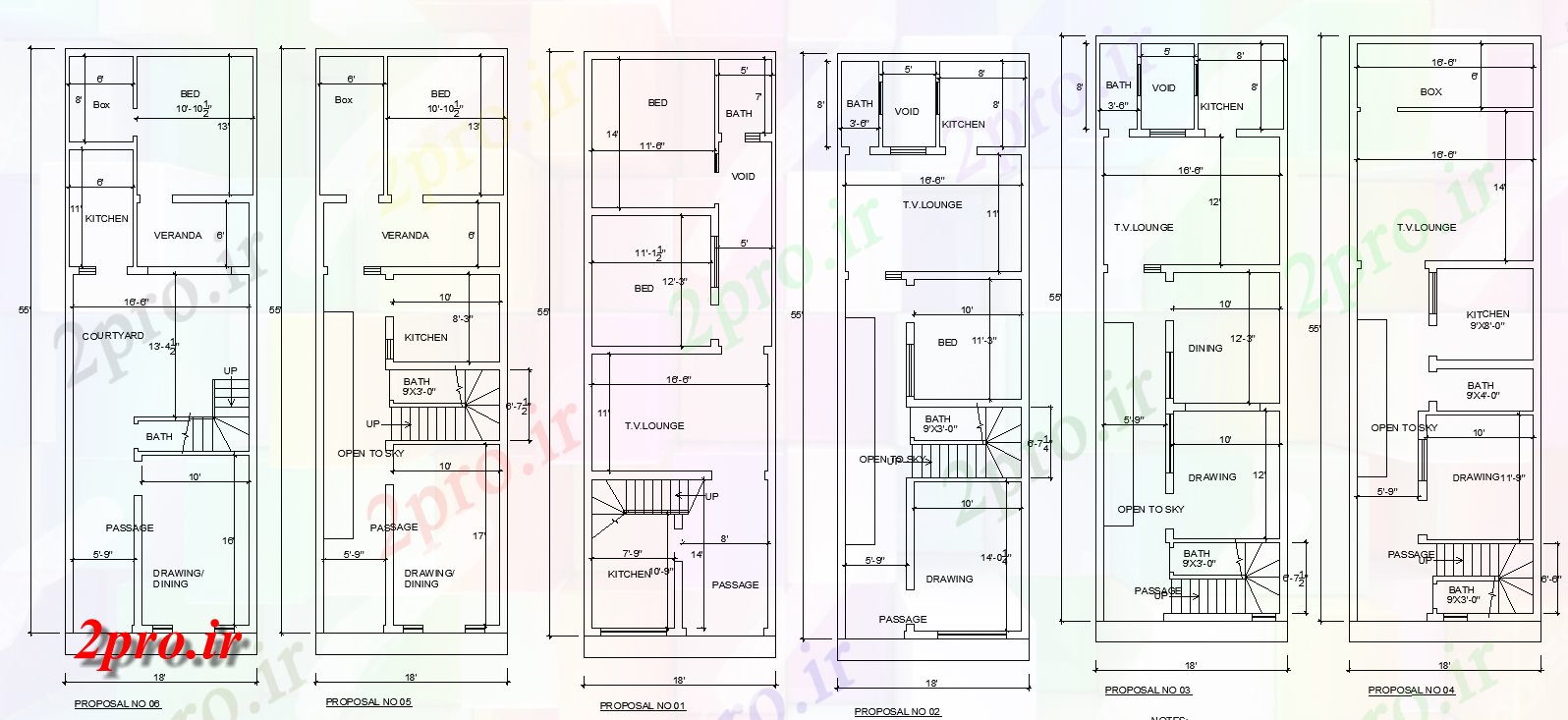 دانلود نقشه مسکونی ، ویلایی ، آپارتمان شش نوع مختلف 18'X55 از تک طرحی BHK خانه اتوکد 5 در 16 متر (کد158356)