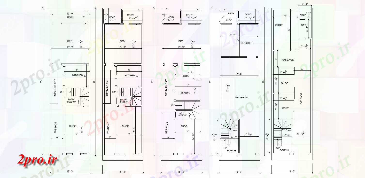 دانلود نقشه مسکونی ، ویلایی ، آپارتمان X55 پنج ایده های مختلف تک طرحی BHK خانه با یک فروشگاه در مقابل اتوکد 4 در 16 متر (کد158363)