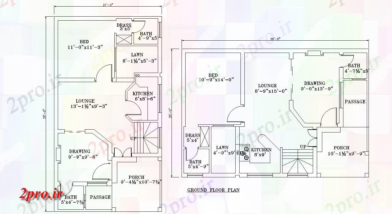 دانلود نقشه مسکونی ، ویلایی ، آپارتمان X35 و 36'6 X25' 'دو اندازه های مختلف تک طرحی BHK خانه 6 در 11 متر (کد158371)