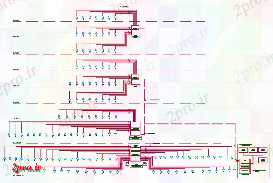 دانلود نقشه برق مسکونی طراحی از G + 7 طبقه ساختمان، sysytem امنیت، دوربین مدار بسته، کنترل دسترسی، های ارتباطات داخلی جزئیات 44 در 67 متر (کد158377)