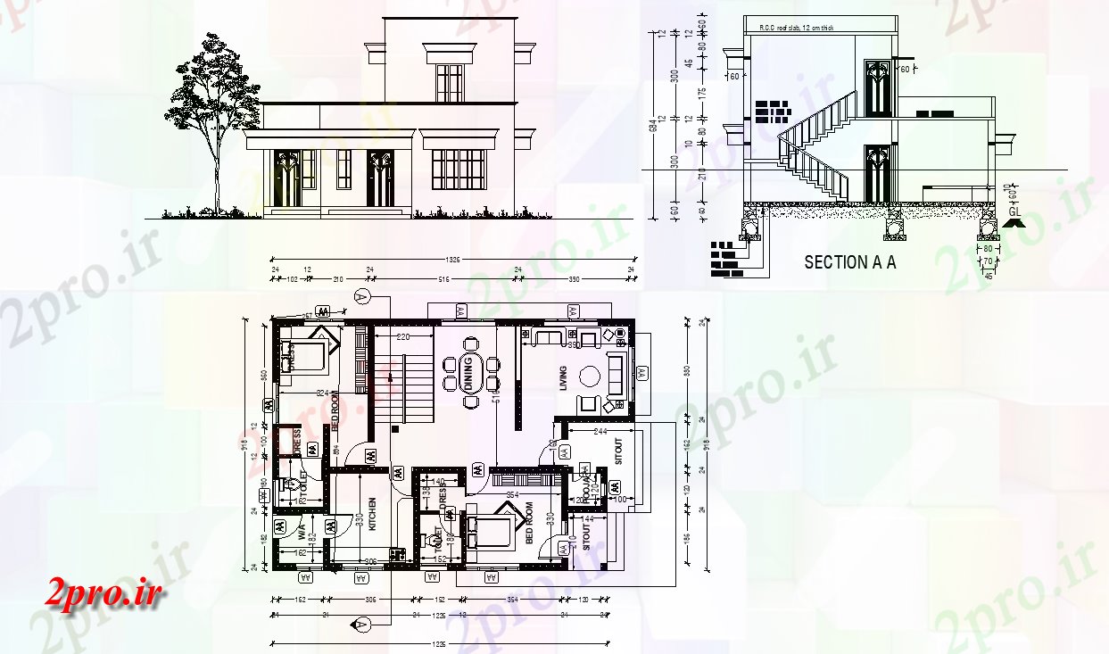 دانلود نقشه مسکونی ، ویلایی ، آپارتمان طبقه همکف و یک اتاق یک نفره طبقه اول طرحی خانه 2bhk 22 در 32 متر (کد158384)