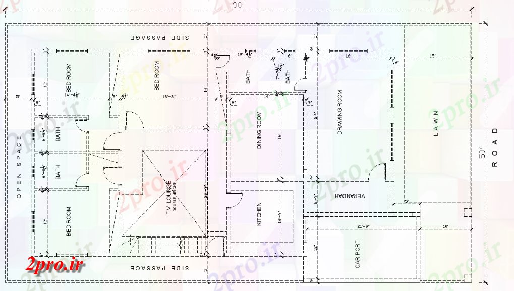 دانلود نقشه مسکونی ، ویلایی ، آپارتمان bedroom لوکس طرحی طبقه همکف خانه 90'X50 13 در 22 متر (کد158388)