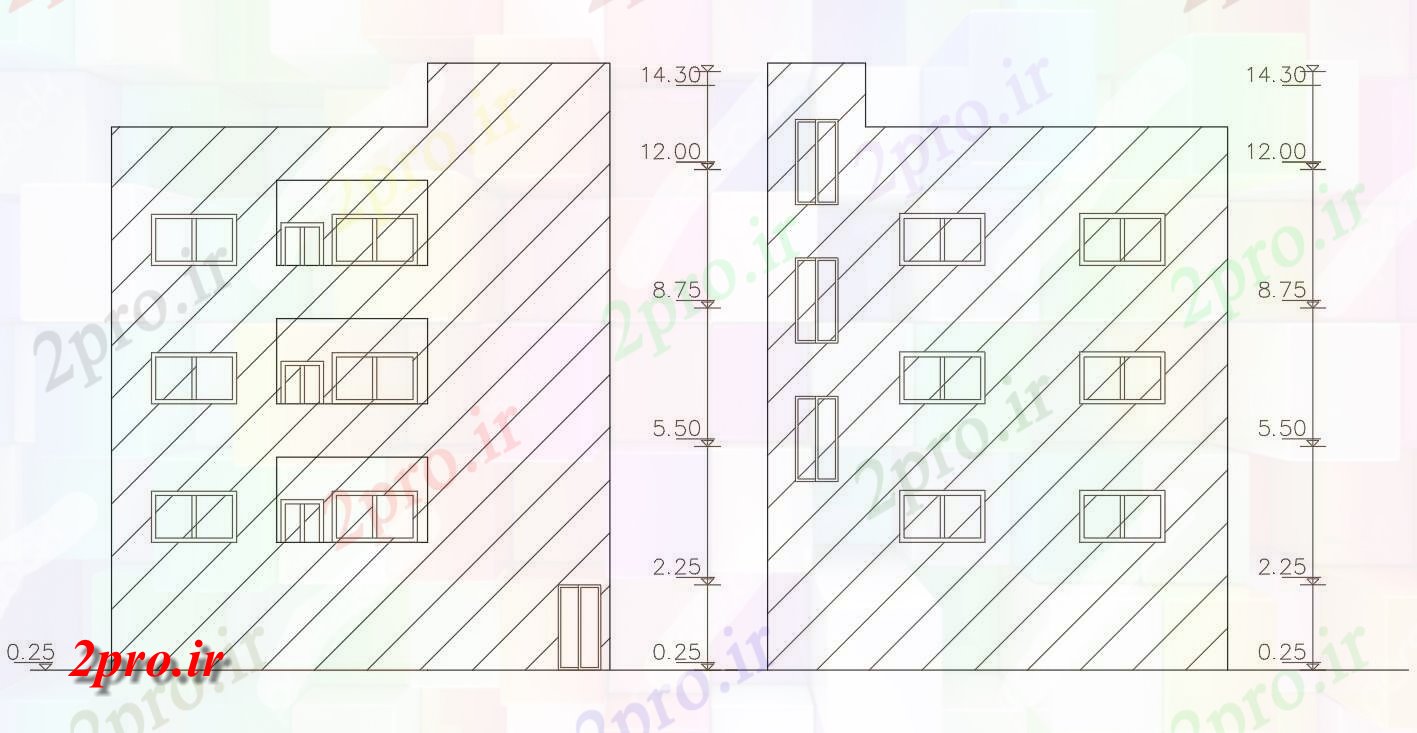 دانلود نقشه مسکونی  ، ویلایی ، آپارتمان  آپارتمان جلو و سمت نمای (کد158419)