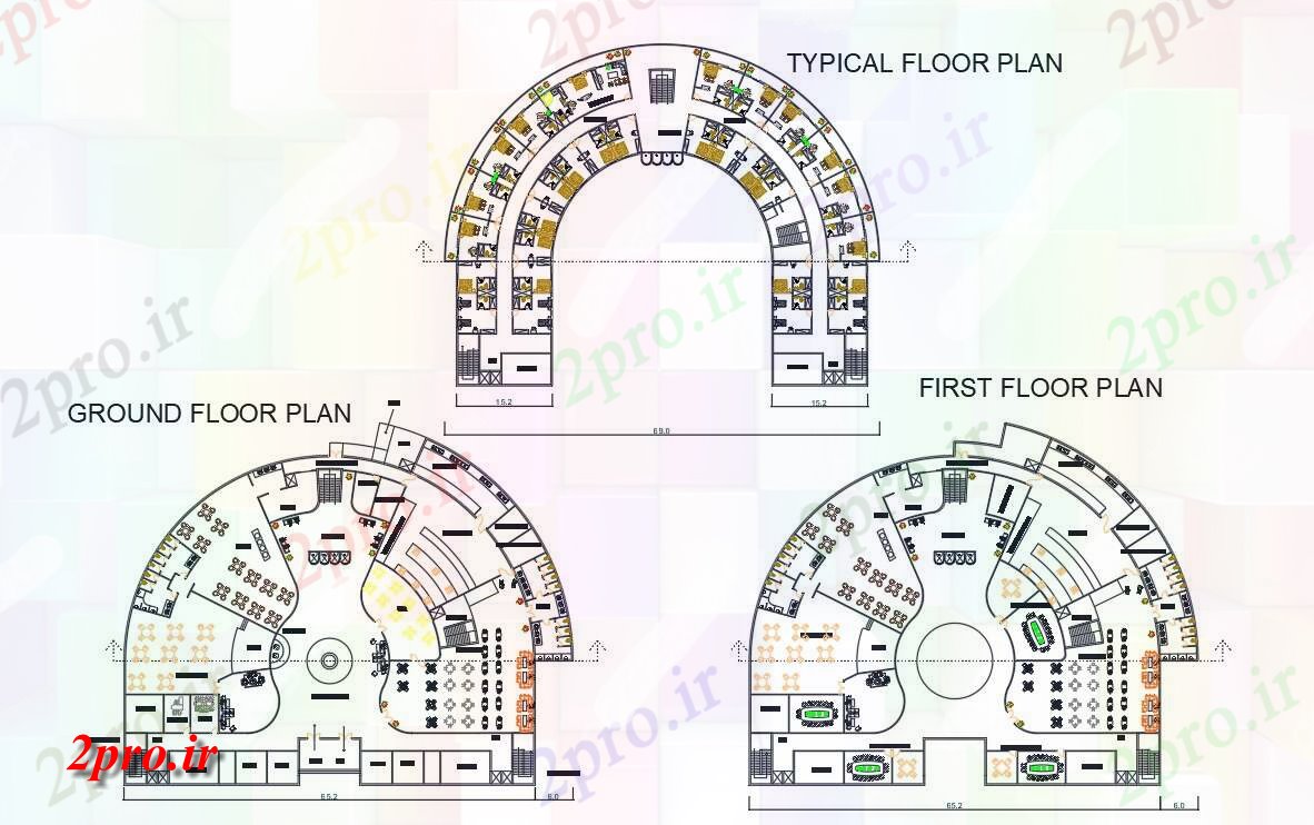 دانلود نقشه هتل - رستوران - اقامتگاه هتل 5 ستاره طرحی طبقه با مبلمان طرحی بندی 57 در 71 متر (کد158442)