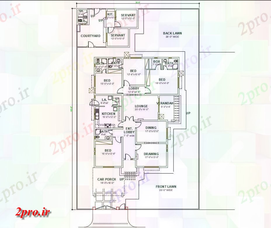 دانلود نقشه مسکونی ، ویلایی ، آپارتمان bedroom لوکس طرحی طبقه همکف خانه 70'X115 14 در 18 متر (کد158461)