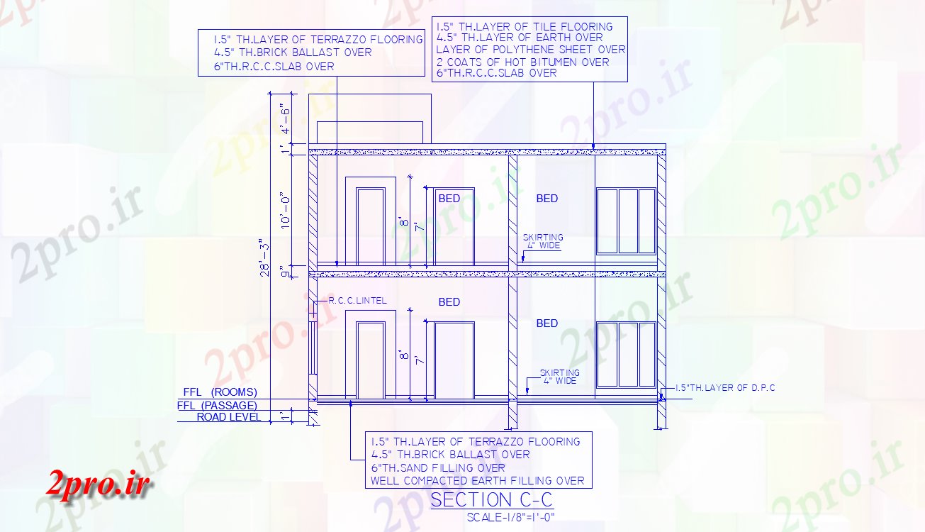 دانلود نقشه پلان مقطعی  طراحی را نشان می دهد برنامه ریزی دقیق از نما 28 'G + 1 2bhk کوچک طرحی بخش خانه (کد158517)