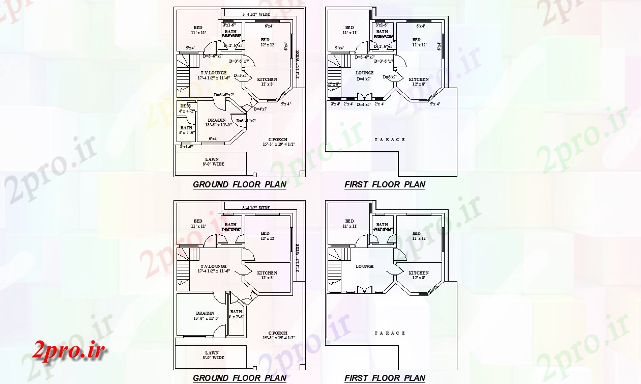 دانلود نقشه مسکونی ، ویلایی ، آپارتمان G + 1 دو خوابه طرحی خانه 35'X45 9 در 10 متر (کد158527)