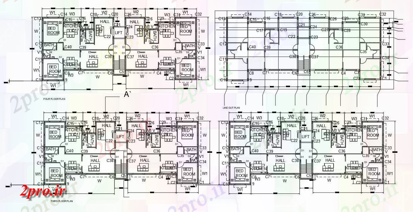 دانلود نقشه مسکونی  ، ویلایی ، آپارتمان  اتاق های خواب آپارتمان   خوشه طرحی  (کد158620)