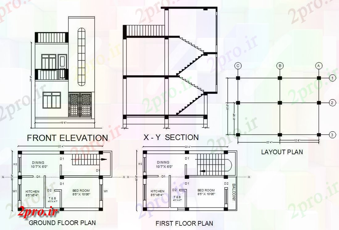 دانلود نقشه مسکونی ، ویلایی ، آپارتمان BHK خانه کوچک طرحی و بخشی نما 5 در 8 متر (کد158641)