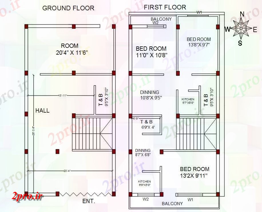 دانلود نقشه مسکونی ، ویلایی ، آپارتمان شمالی 3 BHK خانه طرحی 7 در 13 متر (کد158648)