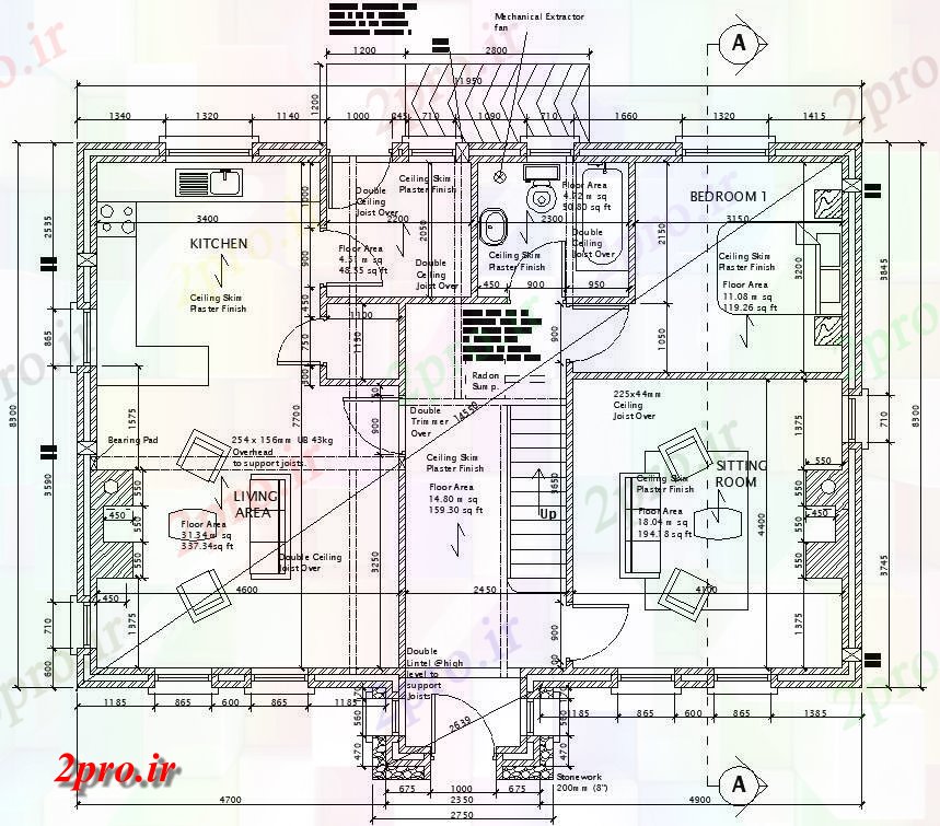 دانلود نقشه مسکونی ، ویلایی ، آپارتمان خانه نشیمن کامل 8 در 12 متر (کد158737)