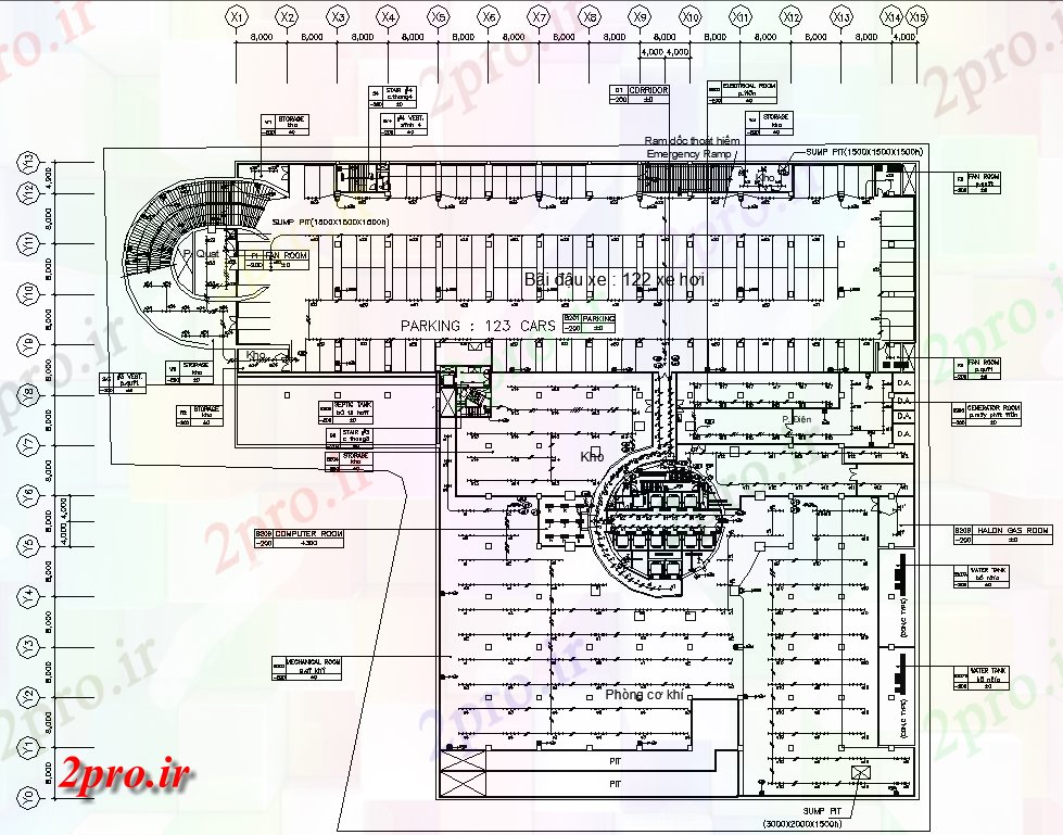 دانلود نقشه برق مسکونی نشان دادن جزئیات طرحی طبقه پارکینگ زیرزمین با اتصال نورپردازی در فضای باز، 101 در 108 متر (کد158757)