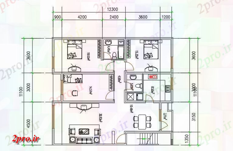 دانلود نقشه مسکونی ، ویلایی ، آپارتمان BHK خانه با مبلمان 11 در 12 متر (کد158875)