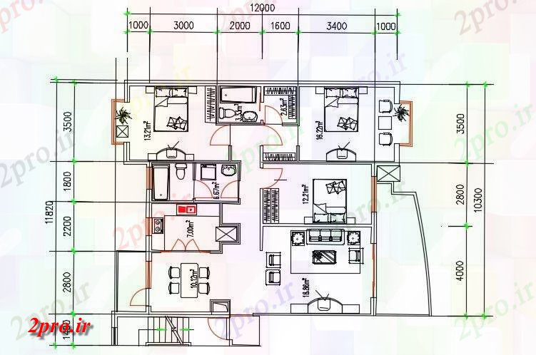 دانلود نقشه مسکونی ، ویلایی ، آپارتمان BHK مبله خانه 12 در 12 متر (کد158886)