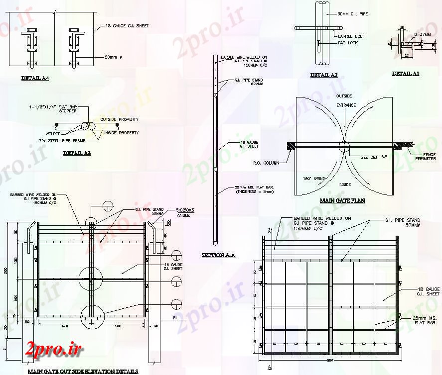 دانلود نقشه پلان مقطعی  های نشان دادن جزئیات اصلی نمای جانبی دروازه اتاق برج ، نما، و section  (کد158901)