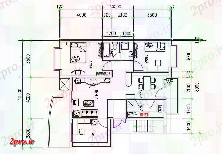 دانلود نقشه خانه های کوچک ، نگهبانی ، سازمانی - صفحه اصلی طرحی 2 BHK مبلمان چیدمان نشیمن 10 در 11 متر (کد158912)