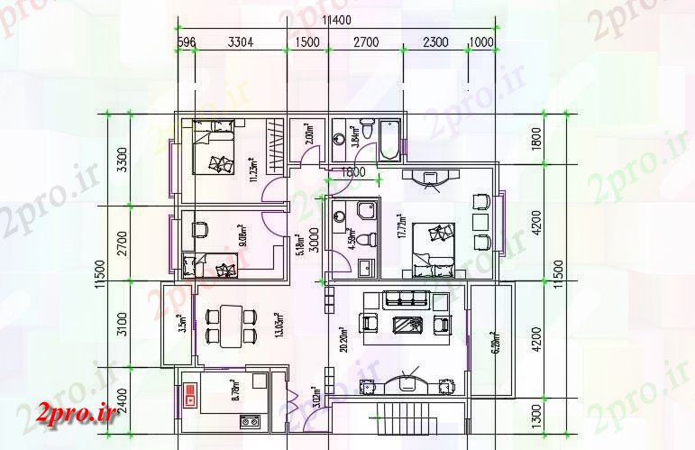 دانلود نقشه هتل - رستوران - اقامتگاه 3 BHK مبله خانه نشیمن 11 در 11 متر (کد158919)