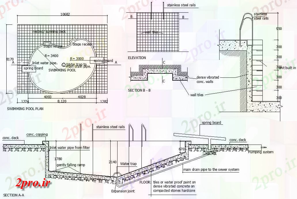 دانلود نقشه پلان مقطعی اتوکد رسم  ها داشتن جزئیات تقویت شنا  دو بعدی   pool (کد158978)