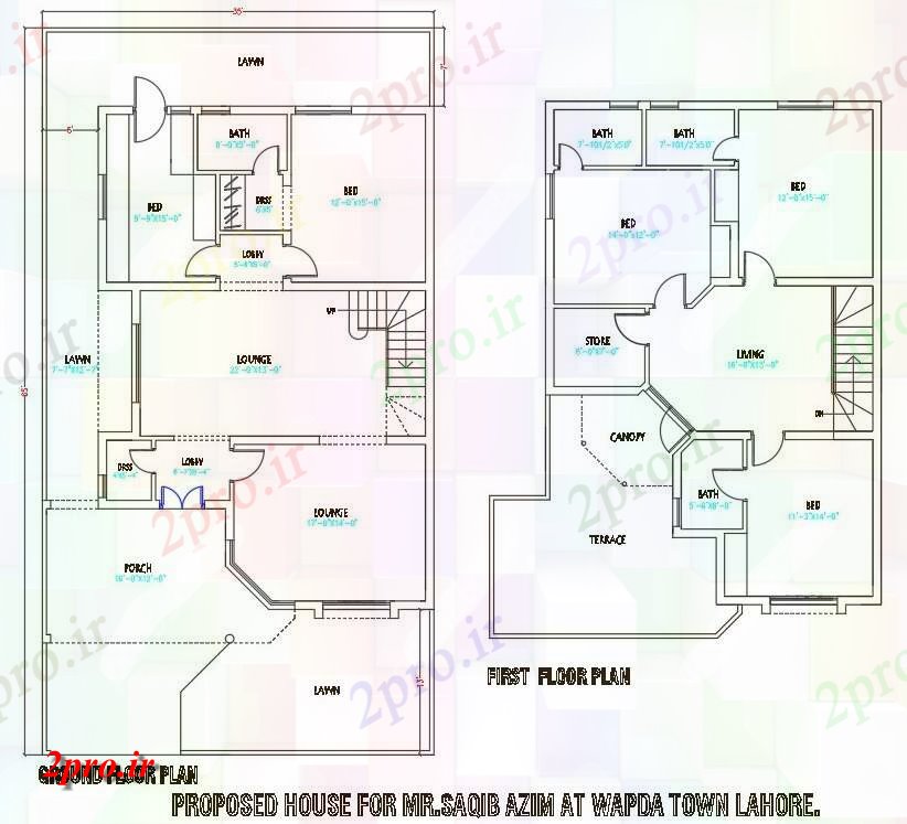 دانلود نقشه مسکونی ، ویلایی ، آپارتمان نشان می دهد G + 1 طرحی خانه دو بعدی 35'X65 10 در 19 متر (کد159029)