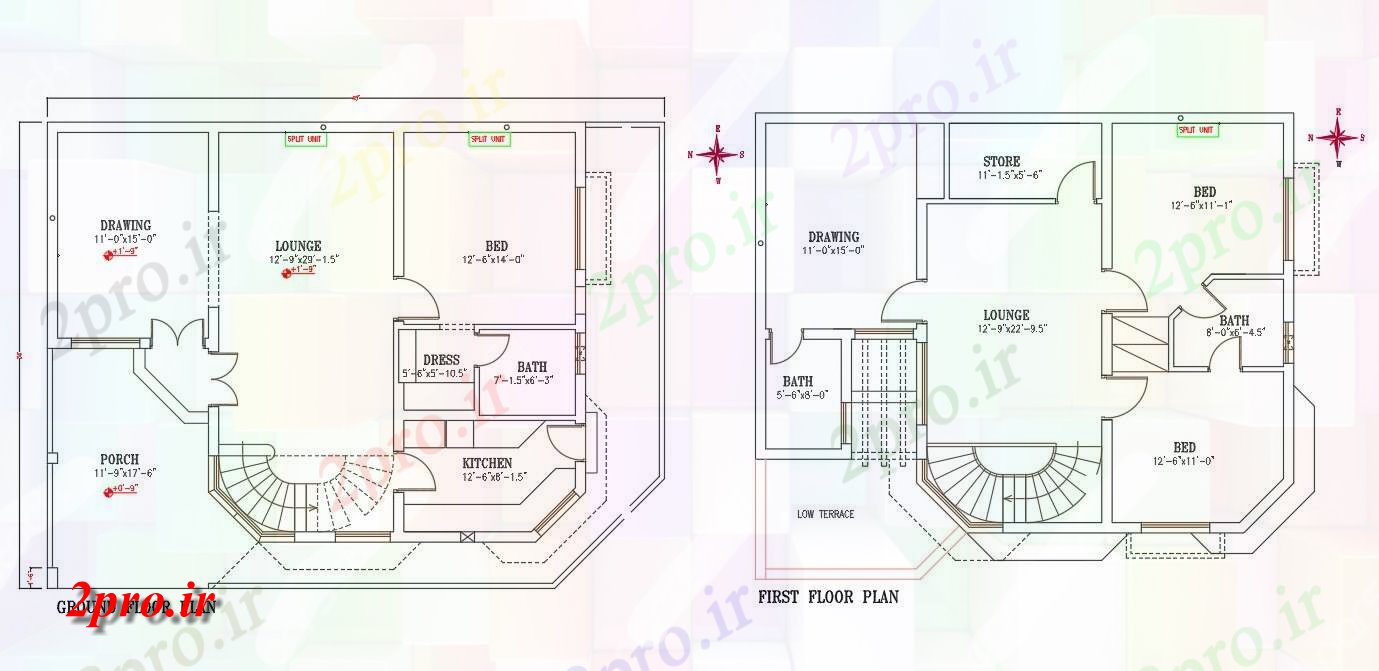 دانلود نقشه مسکونی ، ویلایی ، آپارتمان نشان می دهد دو بعدی نشیمن طرحی 45'X35 'G + 1 خانه دو بعدی 10 در 13 متر (کد159031)