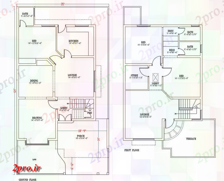 دانلود نقشه مسکونی ، ویلایی ، آپارتمان نشان می دهد طرحی 35'X64 'G + 1 خانه دو بعدی 10 در 19 متر (کد159034)