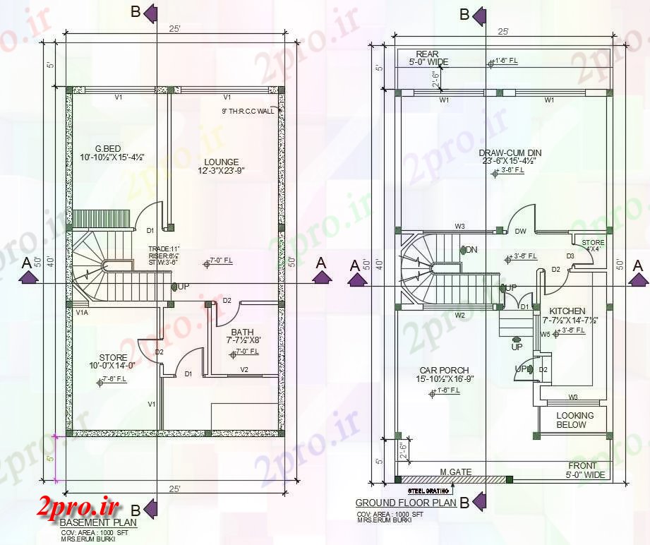 دانلود نقشه مسکونی ، ویلایی ، آپارتمان نشان می دهد دو بعدی طرحی 25'X50 'G + 1 خانه 8 در 15 متر (کد159044)