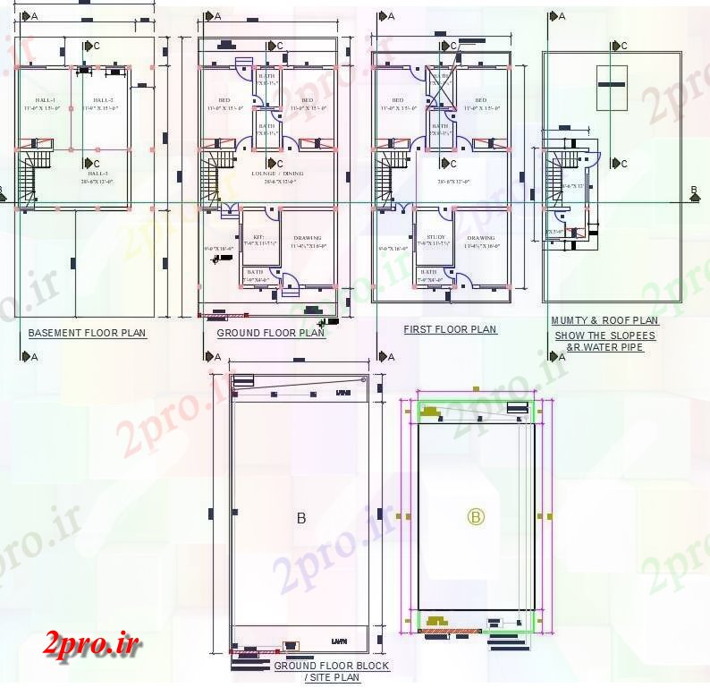 دانلود نقشه مسکونی ، ویلایی ، آپارتمان نشان می دهد دو بعدی 30'X31 'G + 1 طرحی دو اتاق خواب خانه 9 در 18 متر (کد159046)