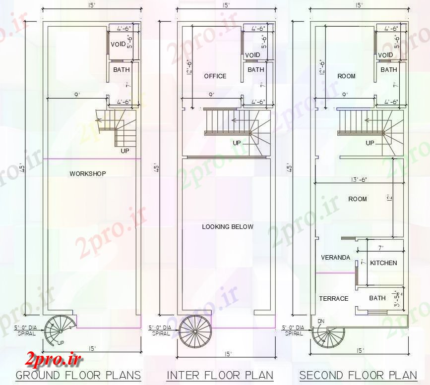 دانلود نقشه مسکونی ، ویلایی ، آپارتمان نشان می دهد تک طرحی 15'X45، BHK G + 2 خانه 5 در 15 متر (کد159048)