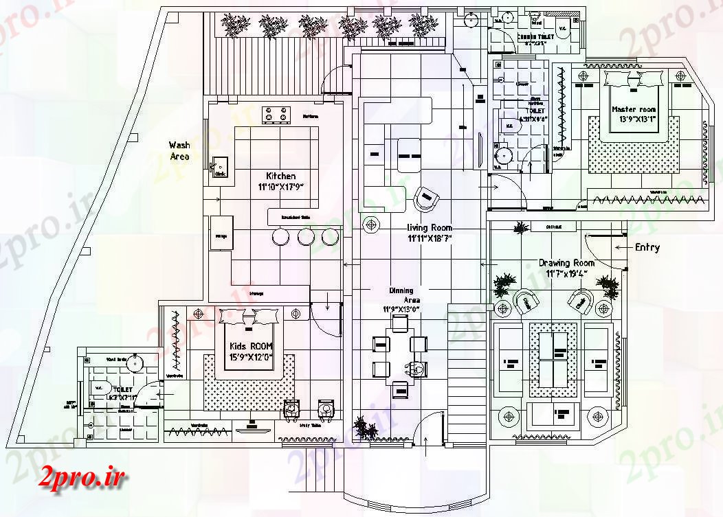 دانلود نقشه مسکونی ، ویلایی ، آپارتمان نشان می دهد طرحی طبقه از تنها خانه دان 2bhk، 12 در 18 متر (کد159053)