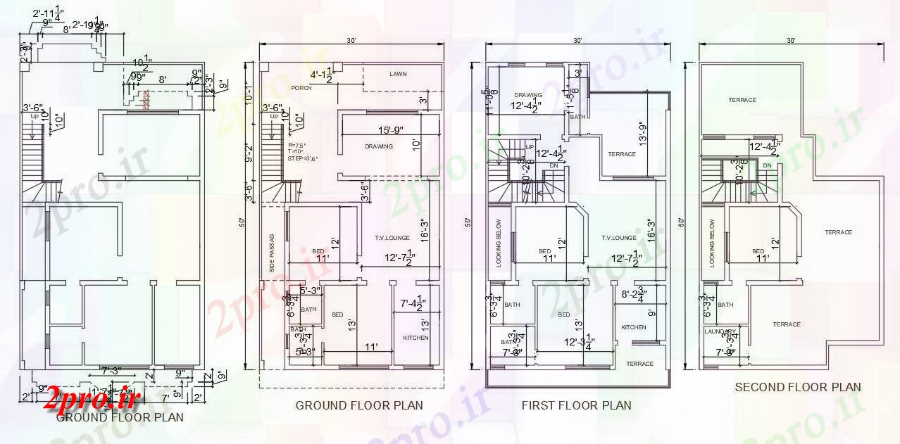 دانلود نقشه مسکونی ، ویلایی ، آپارتمان از 30'X50 'G + 2 خانه plan اتوکد 9 در 15 متر (کد159063)