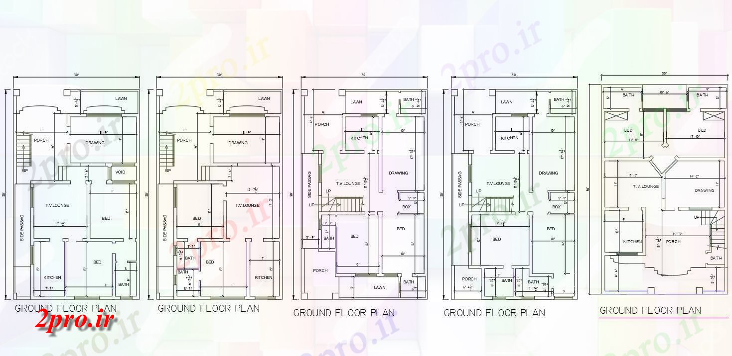 دانلود نقشه مسکونی ، ویلایی ، آپارتمان اتوکد shows30'X50 پنج انواع طرحی 2BHK خانه 9 در 15 متر (کد159064)