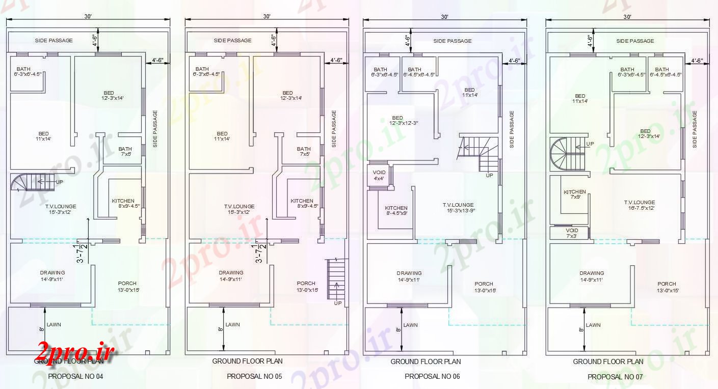 دانلود نقشه مسکونی ، ویلایی ، آپارتمان دو بعدی shows30'X60، چهار نوع مختلف از 2BHK خانه برنامه ریزی 9 در 18 متر (کد159065)