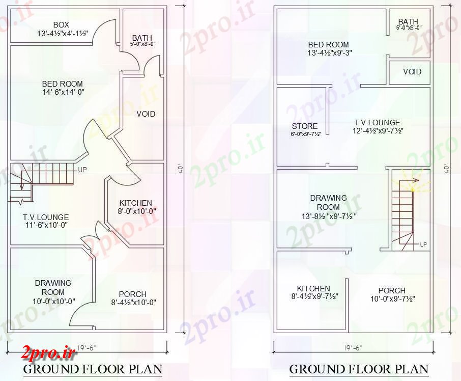 دانلود نقشه مسکونی ، ویلایی ، آپارتمان shows19'6 X 40 'دو نوع طرحی BHK خانه تک اتوکد 6 در 12 متر (کد159072)