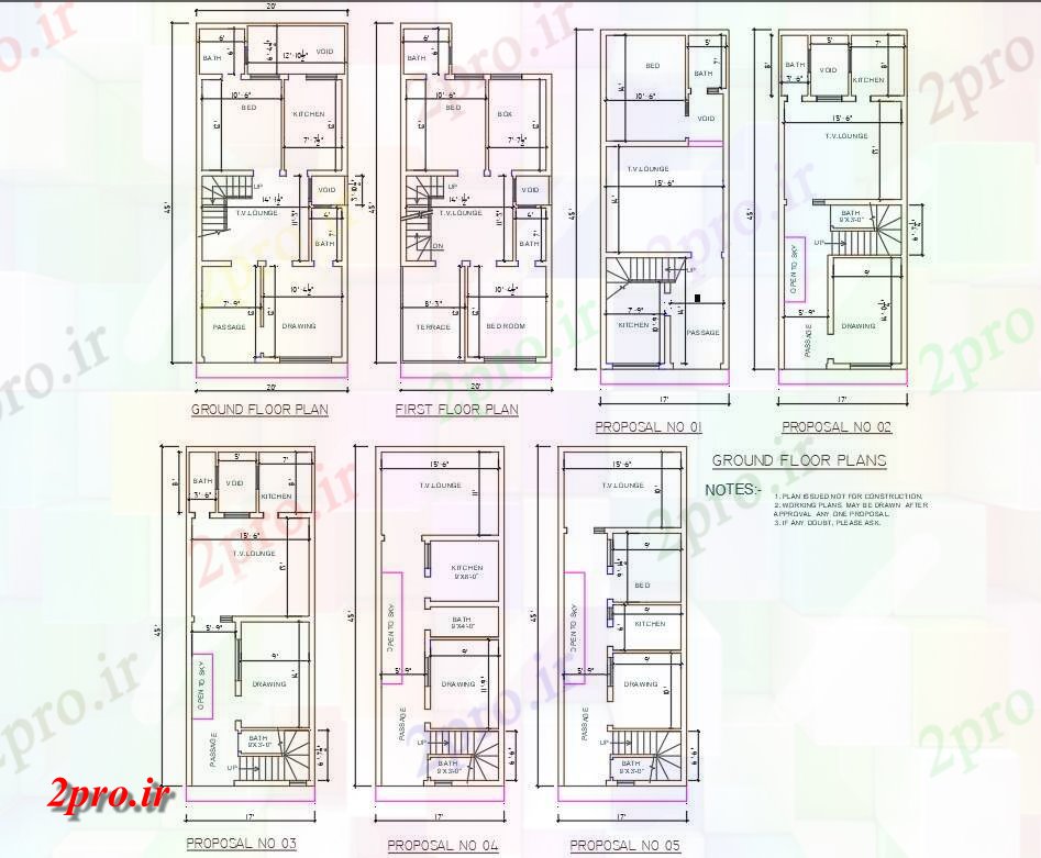 دانلود نقشه مسکونی ، ویلایی ، آپارتمان نشان می دهد دو بعدی 20'X 45 'انواع هفت تک طرحی طبقه BHK خانه اتوکد 5 در 13 متر (کد159073)