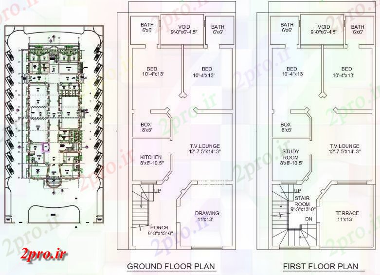 دانلود نقشه مسکونی  ، ویلایی ، آپارتمان    فاده از 22'X50 'دو اتاق خواب G + 1 خانه plan   (کد159074)