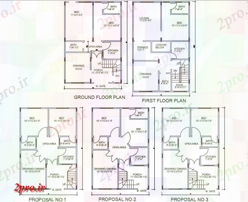 دانلود نقشه مسکونی ، ویلایی ، آپارتمان اتوکد نشان می دهد سه نوع دو BHK خانه برنامه ریزی اتوکد 7 در 10 متر (کد159076)