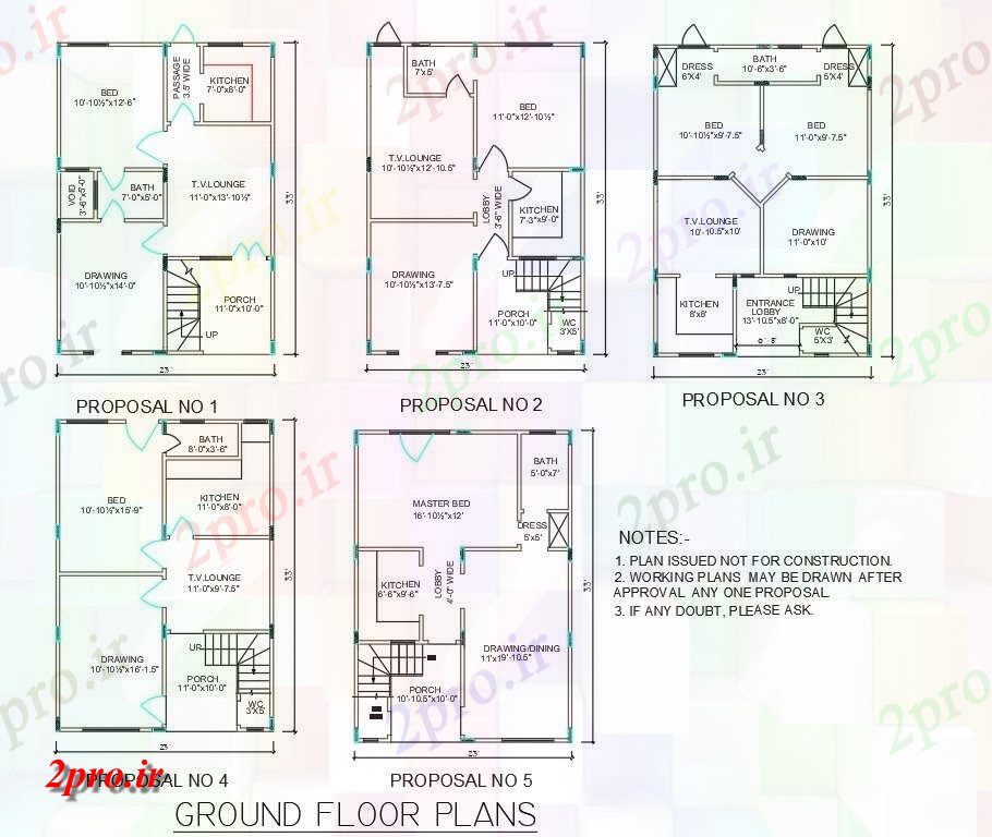 دانلود نقشه مسکونی ، ویلایی ، آپارتمان نشان می دهد اتوکد پنج نوع مختلف از یک و دو BHK خانه برنامه ریزی اتوکد 7 در 10 متر (کد159077)