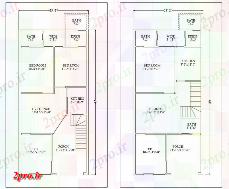 دانلود نقشه مسکونی ، ویلایی ، آپارتمان فاده از دو اتاق خواب 23'X48 طرحی G + 1 خانه، 7 در 16 متر (کد159078)