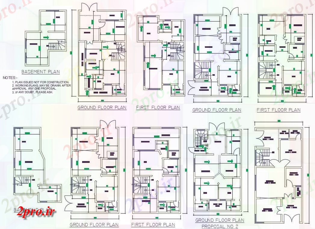 دانلود نقشه مسکونی ، ویلایی ، آپارتمان نشان می دهد چهار نوع مختلف از 2 طرحی BHK G + 1 خانه اتوکد طراحی 7 در 13 متر (کد159080)