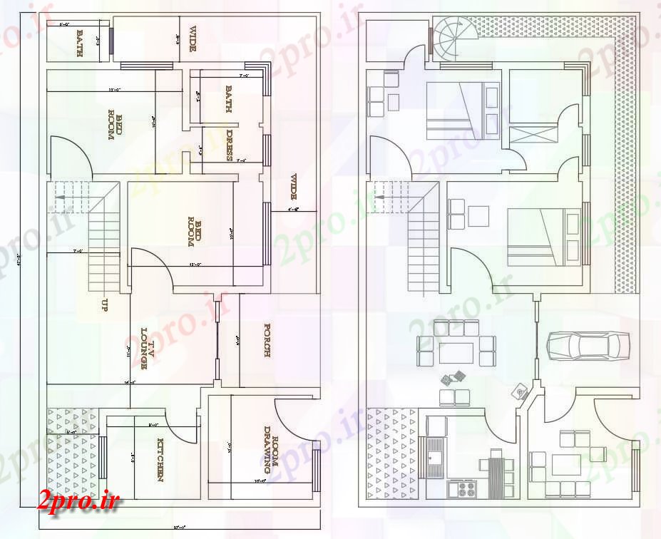 دانلود نقشه مسکونی ، ویلایی ، آپارتمان نشان می دهد 27'X47 دان 2bhk طرحی خانه طبقه تک و طرحی مبلمان، 8 در 14 متر (کد159083)