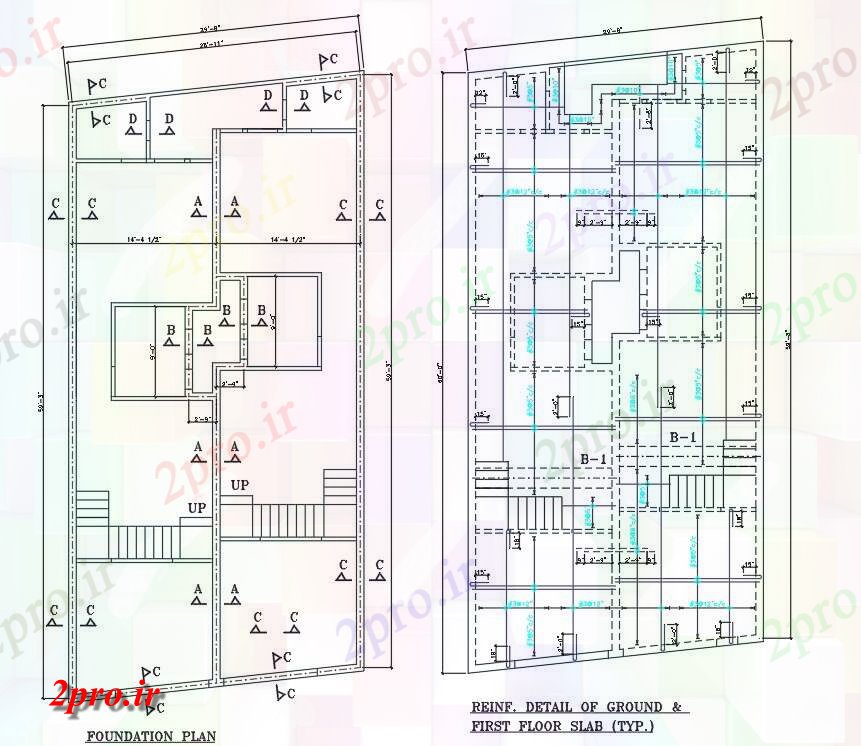 دانلود نقشه جزئیات پایه   نشان می دهد + 1 خانه طرحی بنیاد G 29'X59 و جزئیات آرماتور دال،   (کد159084)
