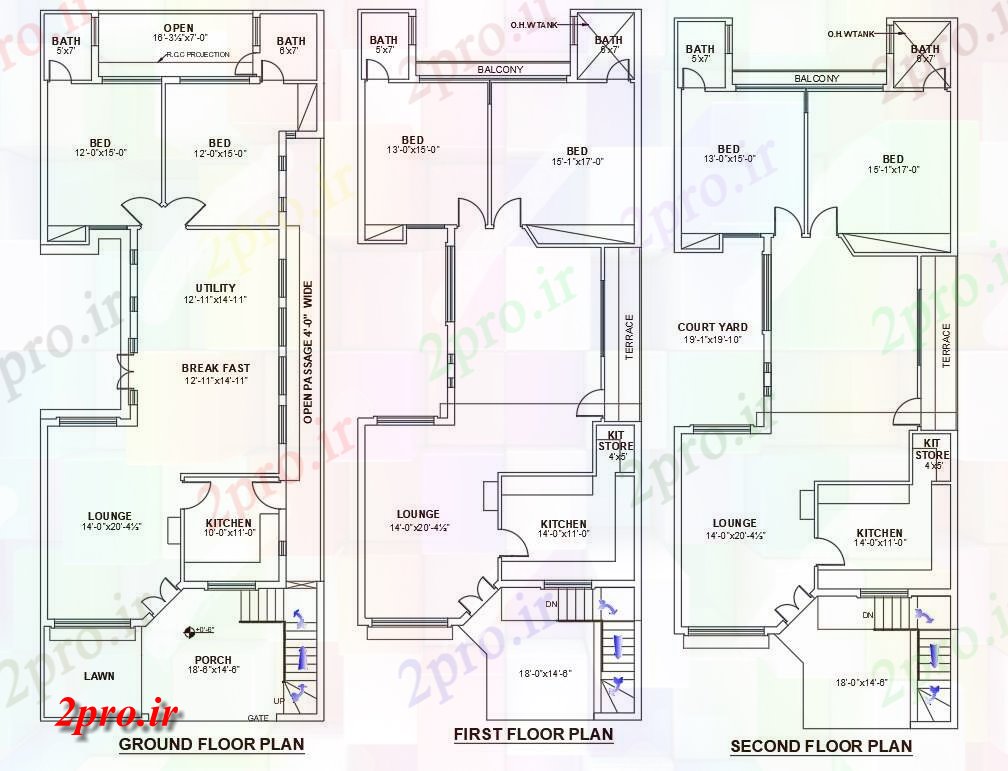 دانلود نقشه مسکونی ، ویلایی ، آپارتمان فاده از طرحی دو اتاق خواب G + 2 خانه 9 در 22 متر (کد159085)